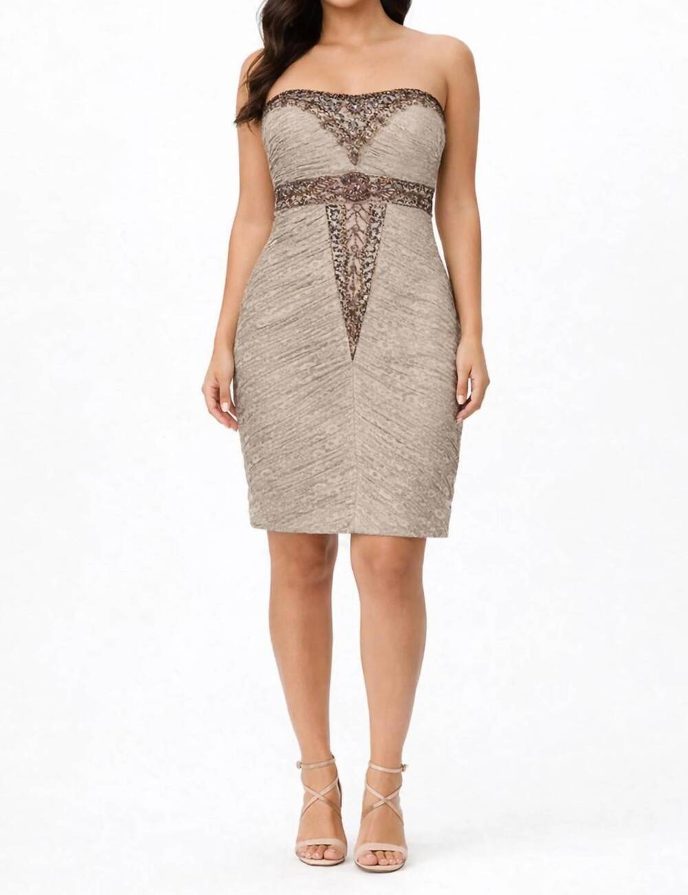 NEW SUE WONG strapless beaded empire waist lace dress in taupe